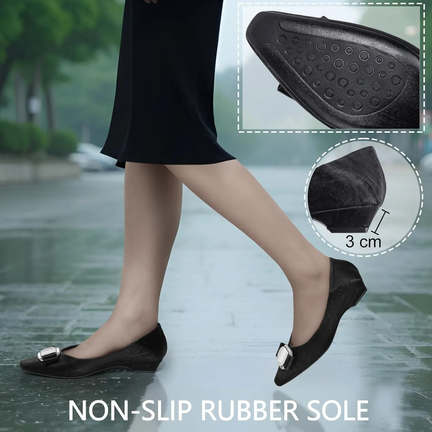 Zelaprox Women Black Pumps Shoes Chunky Low Heels Dressy Casual Square Toe Flats Slip On Work Flat Shoes Pointed Closed Toe Bow Knot Comfortable for Business Bridal Prom Office