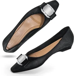 Zelaprox Women Black Pumps Shoes Chunky Low Heels Dressy Casual Square Toe Flats Slip On Work Flat Shoes Pointed Closed Toe Bow Knot Comfortable for Business Bridal Prom Office