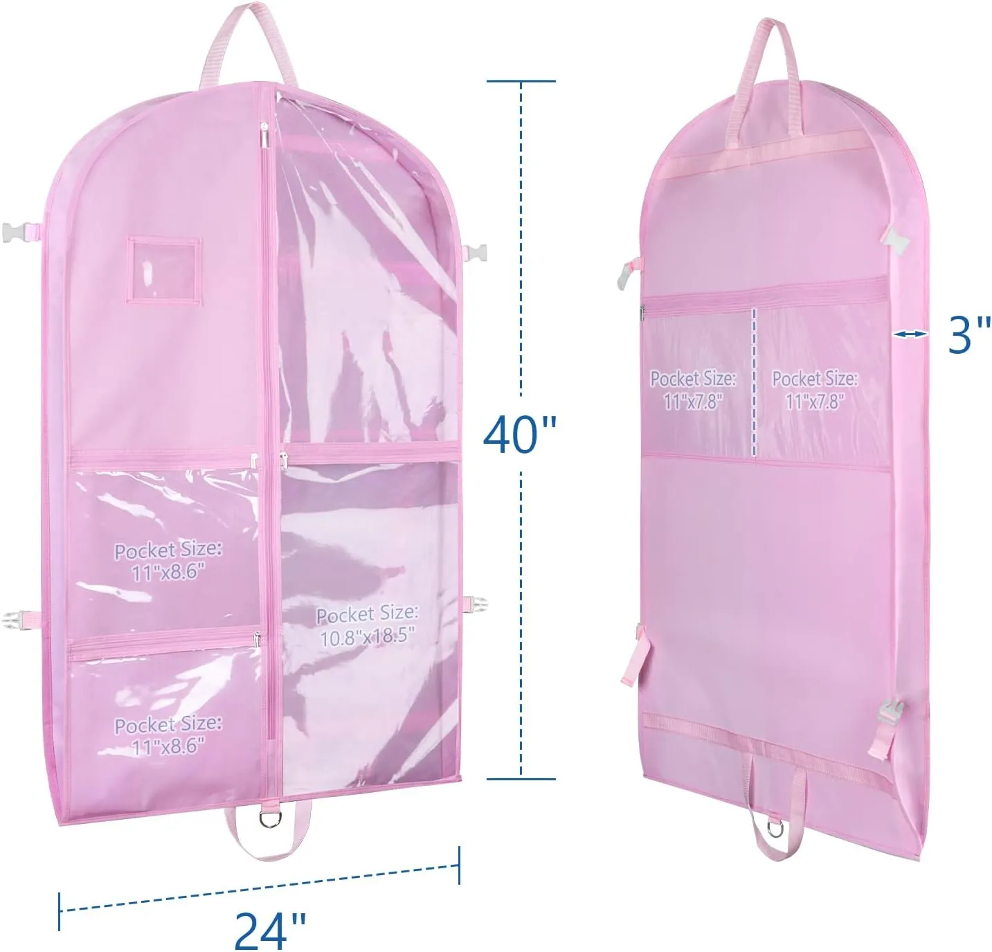 Zilink 40" Dance Costume Garment Bag Clear Dance Costume Bag for Hanging Storage with 5 Clear Zipper Pockets Stable Buckles and Carry Handles for Dance Competition Closet Storage, Pink