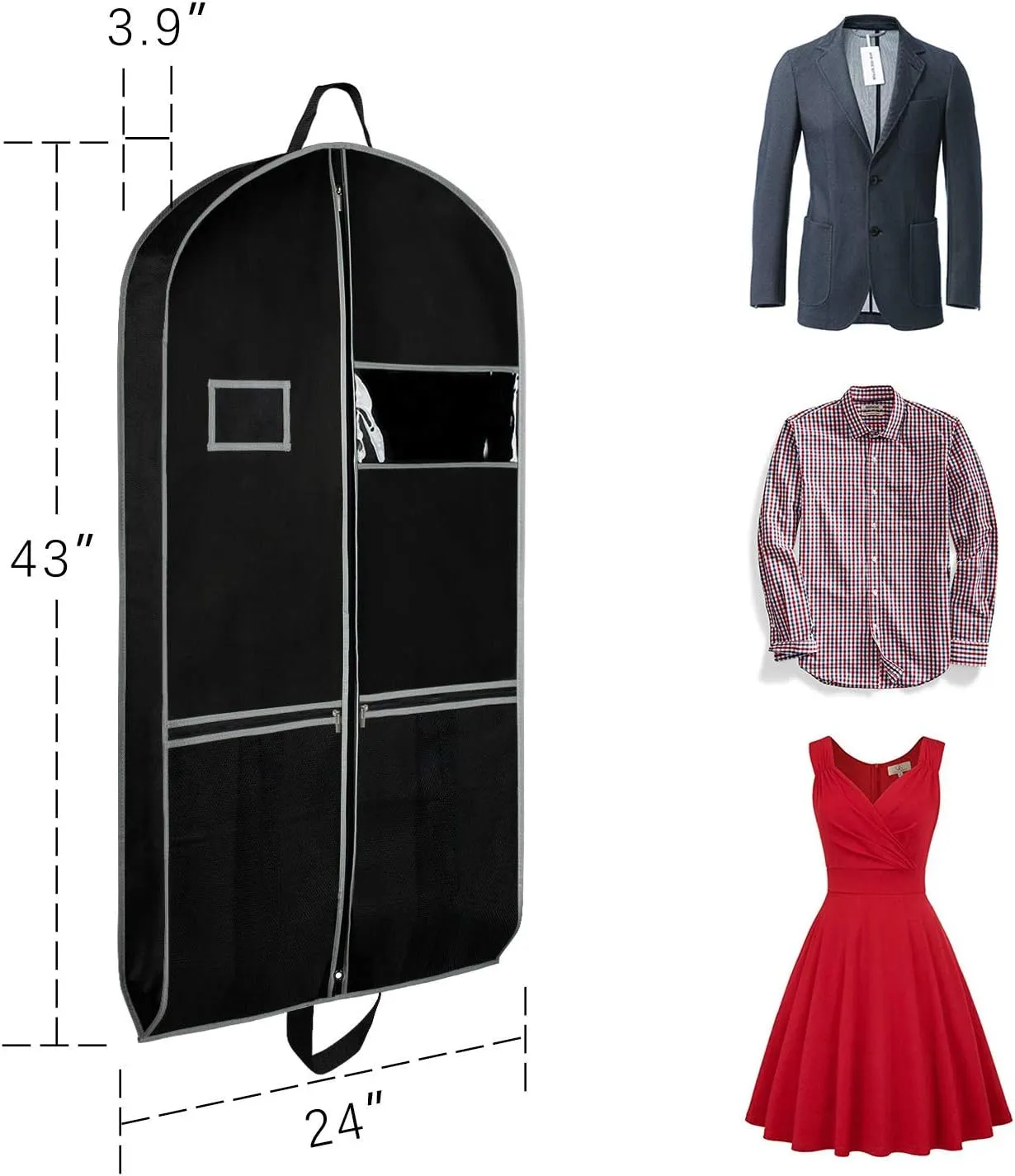 Zilink 43" Garment Bag Suit Bags for Travel with Pockets Breathable Dress Suit Cover for Storage with PVC Card Holder, Black