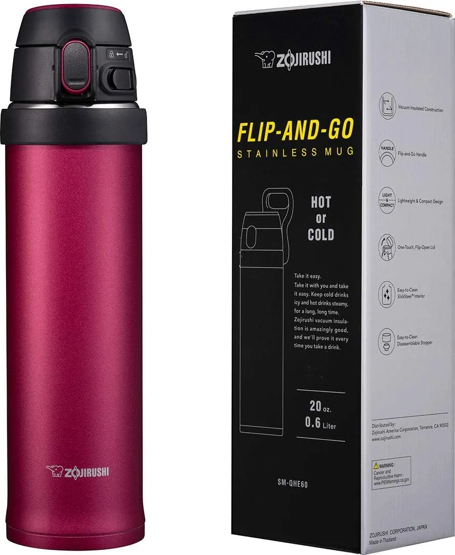 Zojirushi SM-QHE48RK, Flip-and-Go Stainless Mug, 16-Ounce, Hibiscus Red