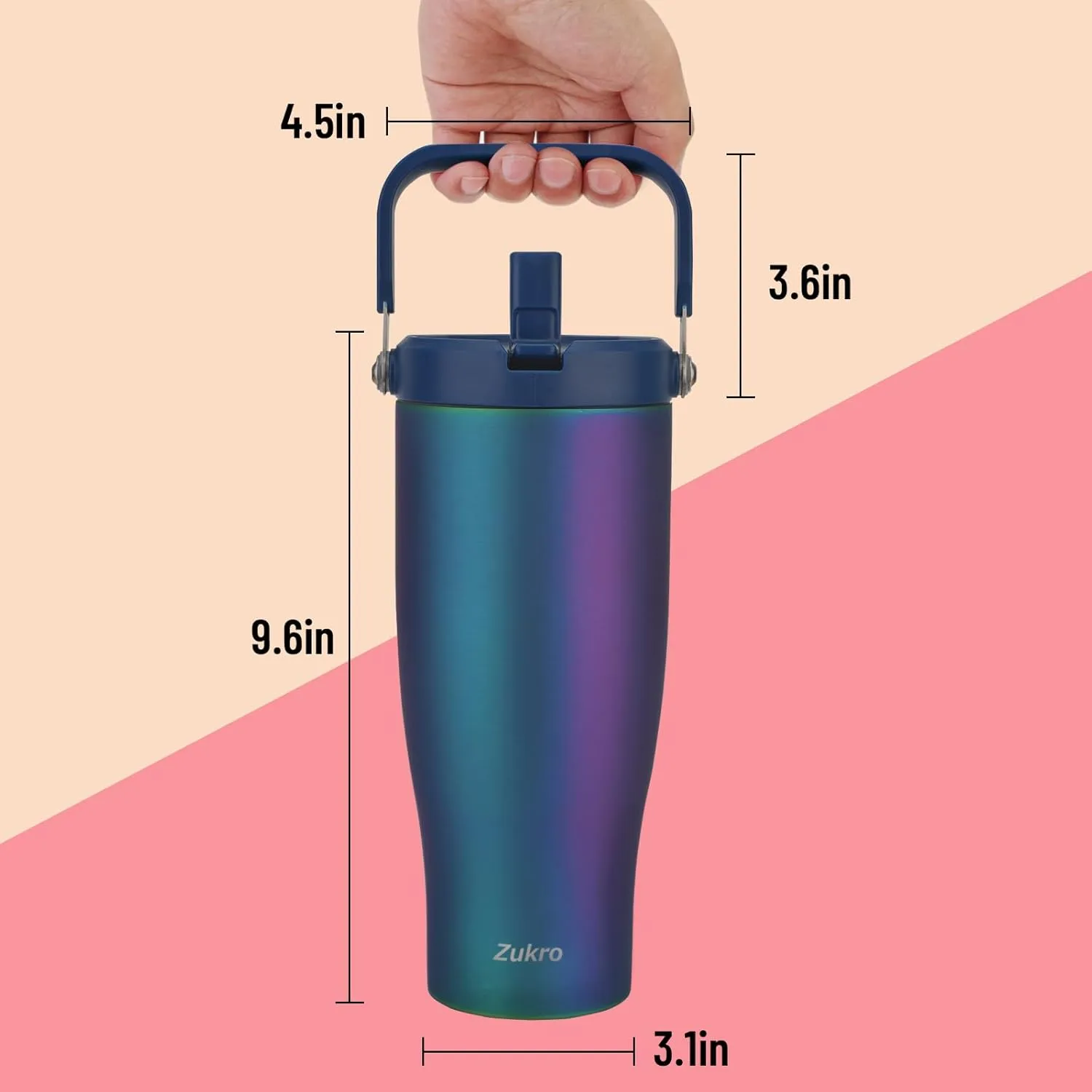 Zukro 40 OZ Tumbler With Flip Straw, Triple-Wall Easy-carry Insulated Water Bottles With Top Handle Fit in Cupholder, Leakproof Stainless Steel Water Jug For Gym, Outdoors, Cold Drinks, Aurora