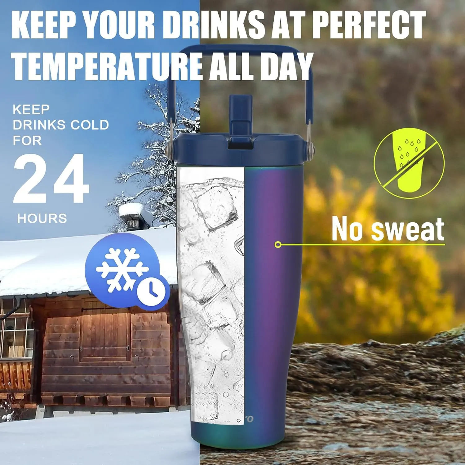 Zukro 40 OZ Tumbler With Flip Straw, Triple-Wall Easy-carry Insulated Water Bottles With Top Handle Fit in Cupholder, Leakproof Stainless Steel Water Jug For Gym, Outdoors, Cold Drinks, Aurora