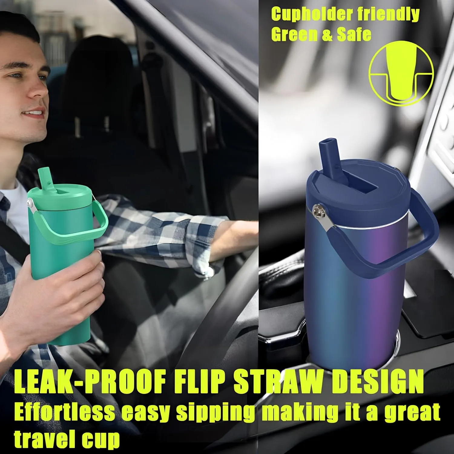 Zukro 40 OZ Tumbler With Flip Straw, Triple-Wall Easy-carry Insulated Water Bottles With Top Handle Fit in Cupholder, Leakproof Stainless Steel Water Jug For Gym, Outdoors, Cold Drinks, Aurora