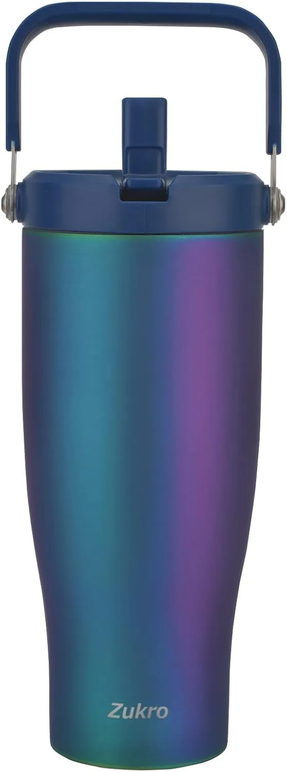 Zukro 40 OZ Tumbler With Flip Straw, Triple-Wall Easy-carry Insulated Water Bottles With Top Handle Fit in Cupholder, Leakproof Stainless Steel Water Jug For Gym, Outdoors, Cold Drinks, Aurora