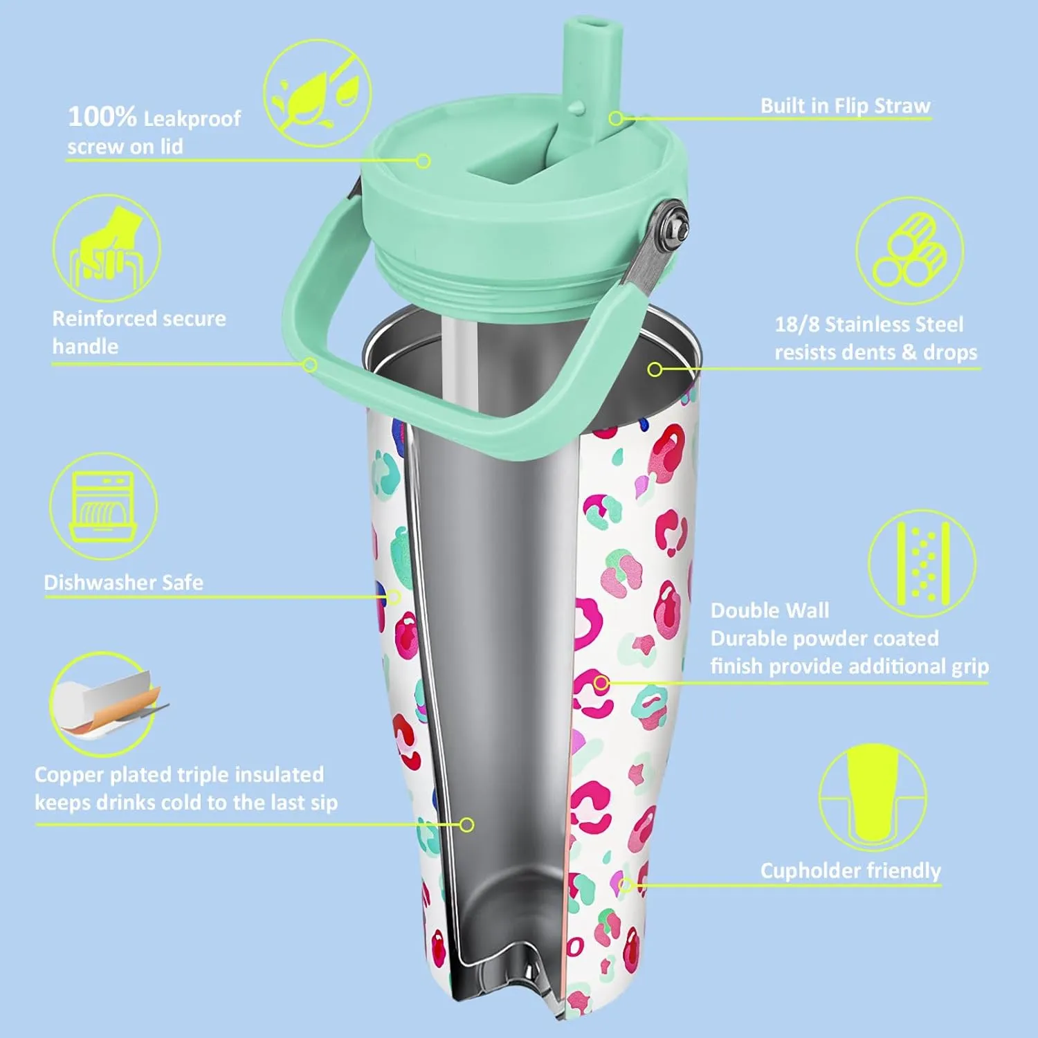 Zukro 50 OZ Tumbler With Flip Straw |Triple-Wall Vacuum Insulated Water Jug With Top Handle For Gym Sports Outdoors |Large Leak Proof Stainless Steel Water Bottle, Fit in Cupholder |Cold 34 Hours