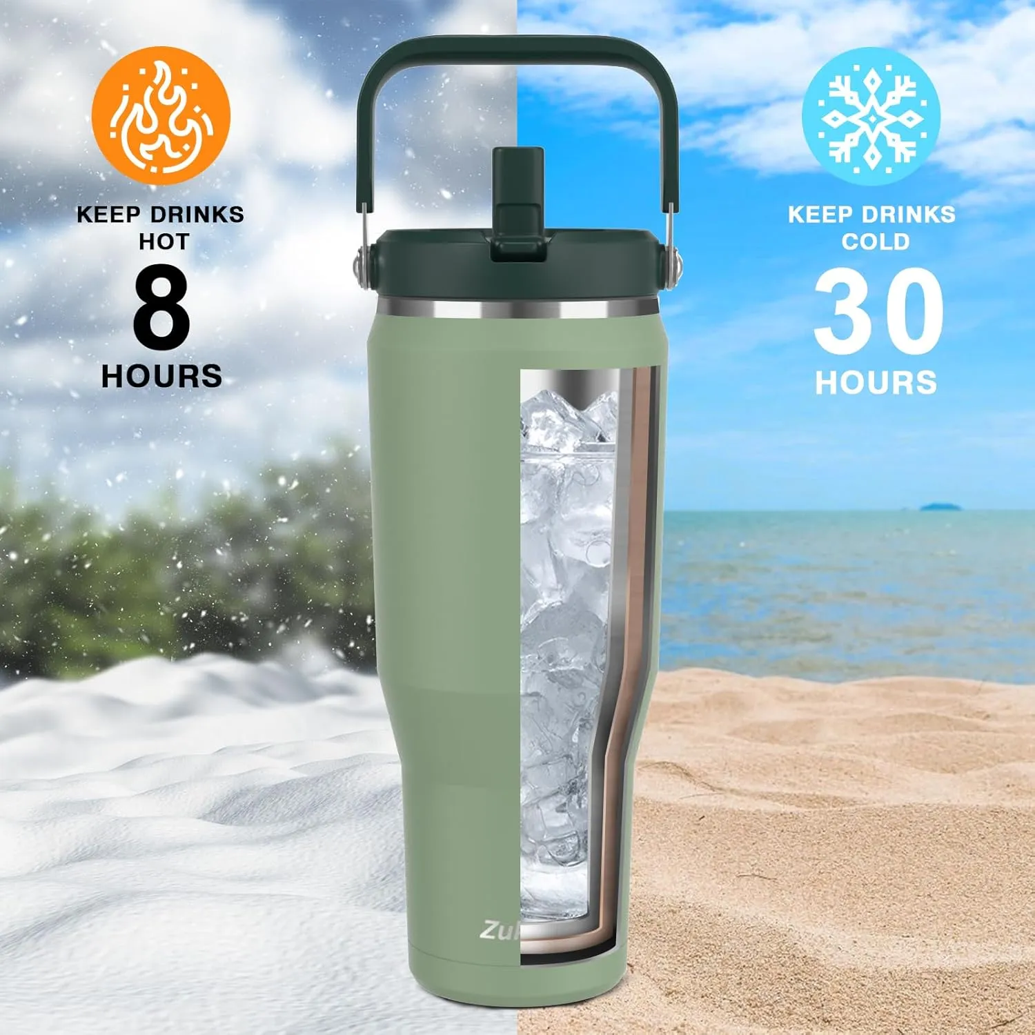 Zukro 50 OZ Tumbler With Flip Straw |Triple-Wall Vacuum Insulated Water Jug With Top Handle For Gym Sports Outdoors |Large Leak Proof Stainless Steel Water Bottle, Fit in Cupholder |Cold 34 Hours