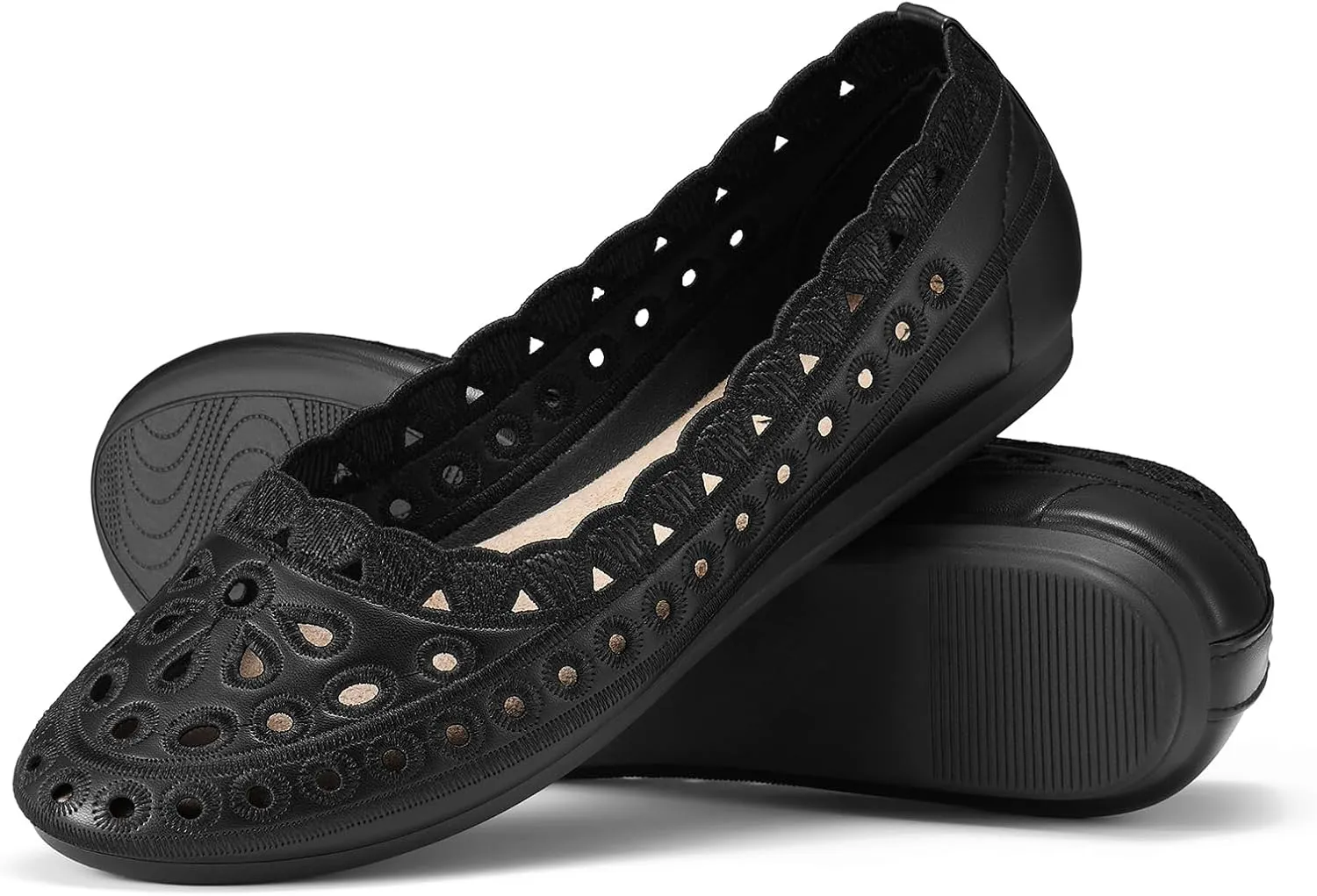 ZURIN Women's Floral Ballet Flats Round Toe Flat Comfortable Dressy Black Beige Flat Dress Shoes Suede Microfiber Slip on Mesh Flats