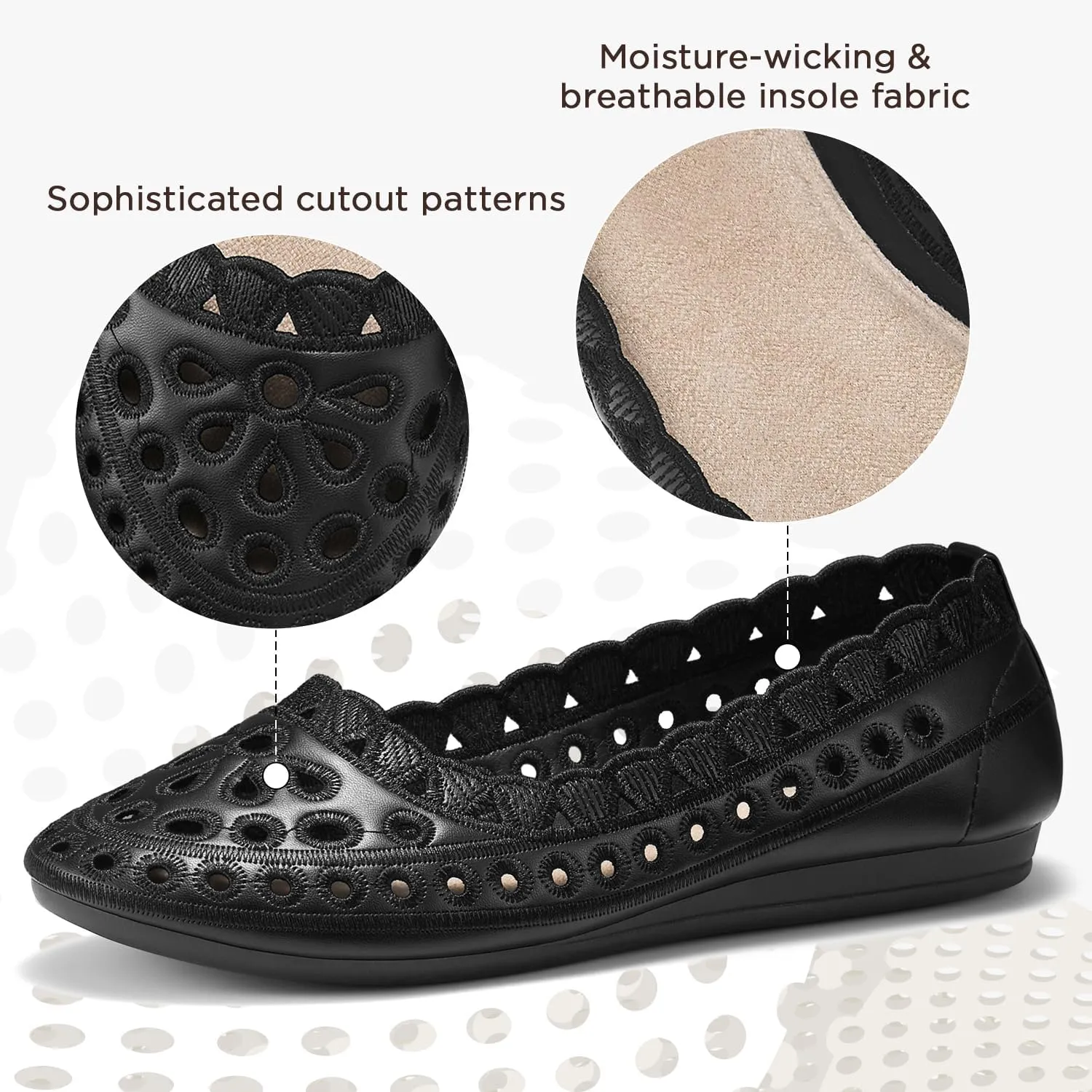 ZURIN Women's Floral Ballet Flats Round Toe Flat Comfortable Dressy Black Beige Flat Dress Shoes Suede Microfiber Slip on Mesh Flats