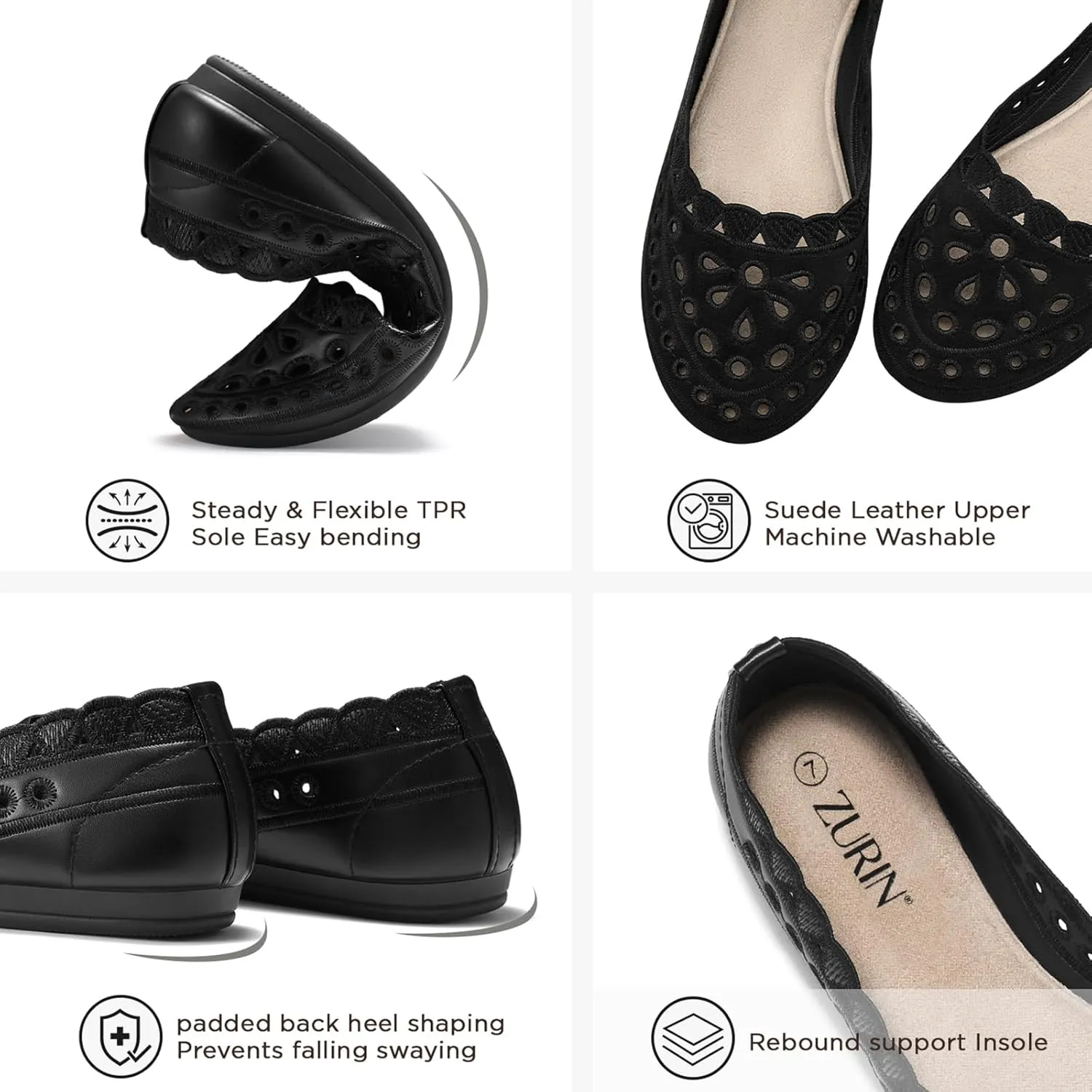 ZURIN Women's Floral Ballet Flats Round Toe Flat Comfortable Dressy Black Beige Flat Dress Shoes Suede Microfiber Slip on Mesh Flats