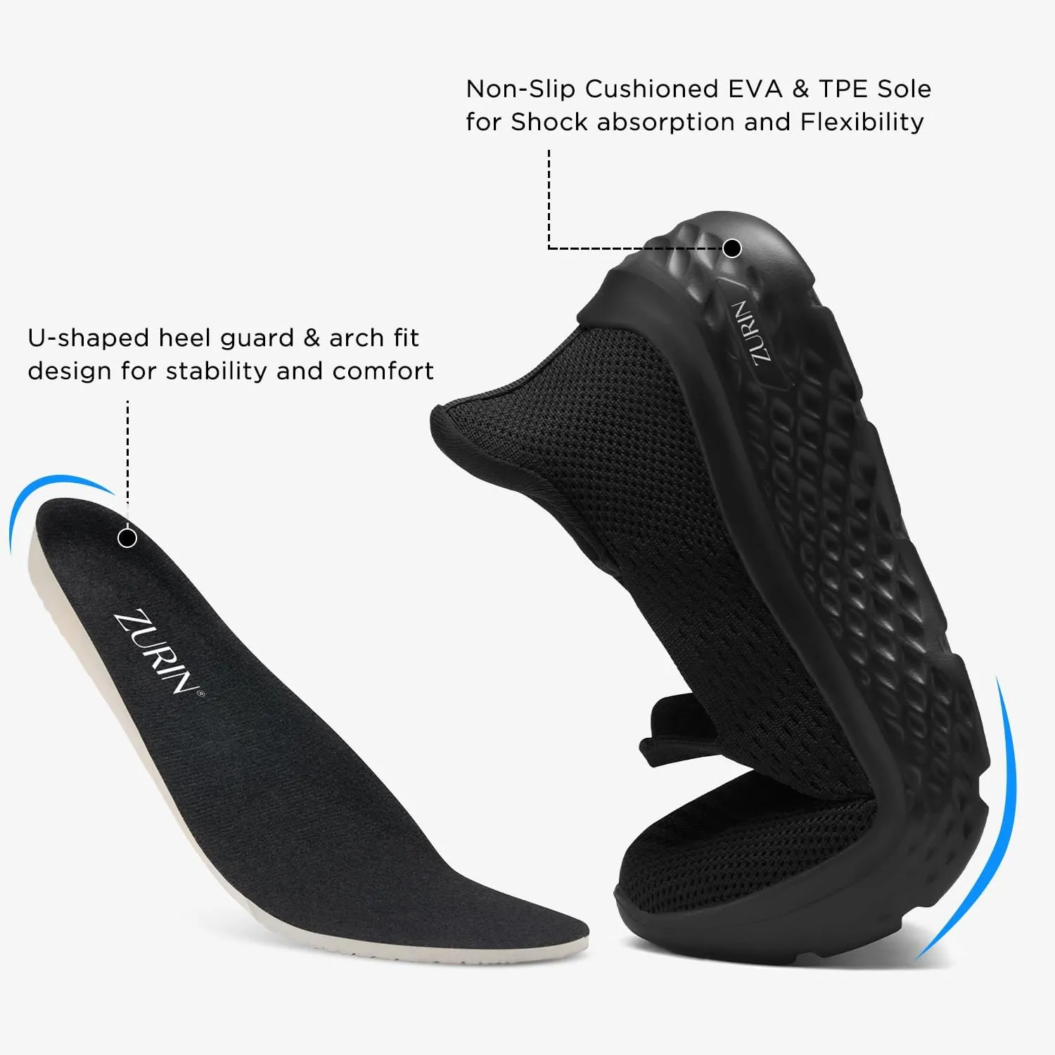 ZURIN Womens Slip On Walking Shoes with Arch Support,Lightweight No Lace Sneakers,Non Slip Breathable Tennis Shoes
