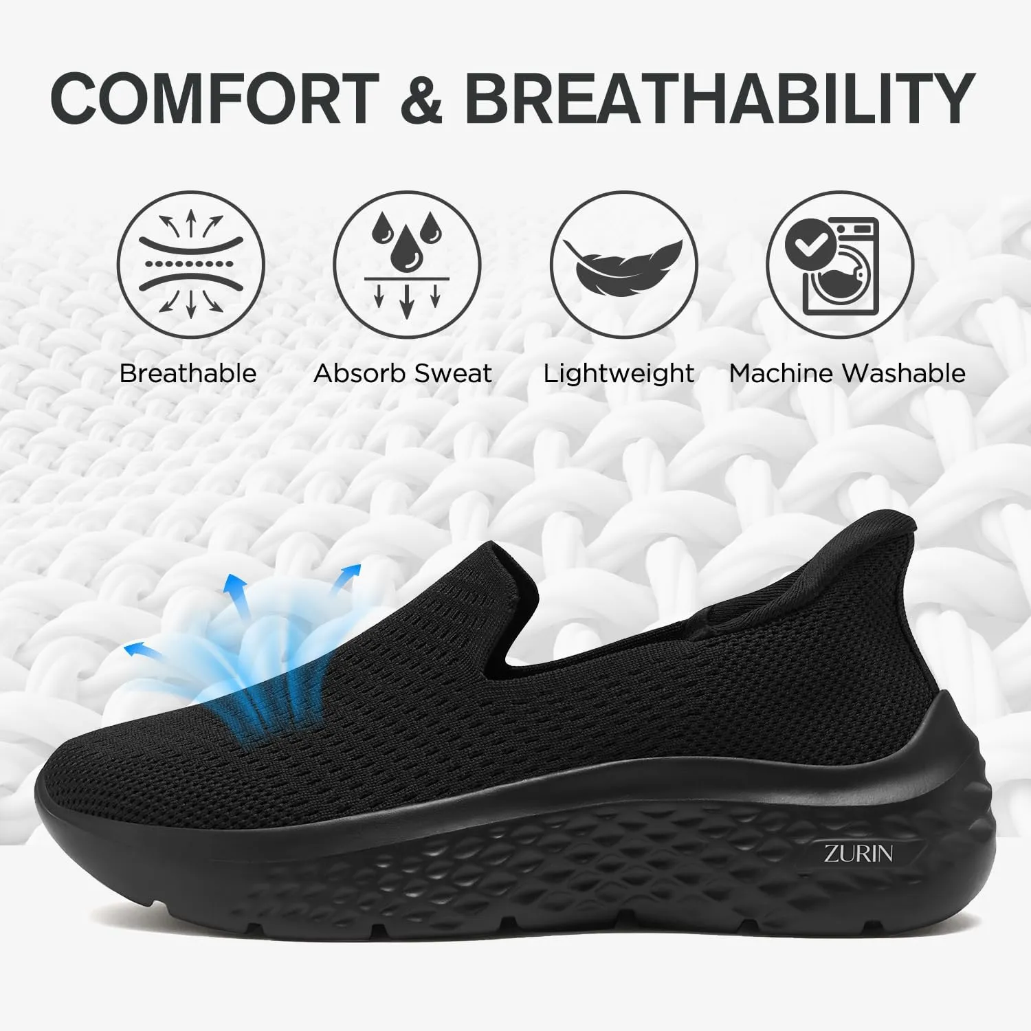 ZURIN Womens Slip On Walking Shoes with Arch Support,Lightweight No Lace Sneakers,Non Slip Breathable Tennis Shoes