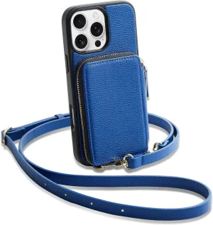 ZVE for iPhone 16 Pro Case Wallet, Card Holder Leather Phone Protective Handbag Flip Cover with Crossbody Strap for iPhone 16 Pro 6.3" Navy Blue
