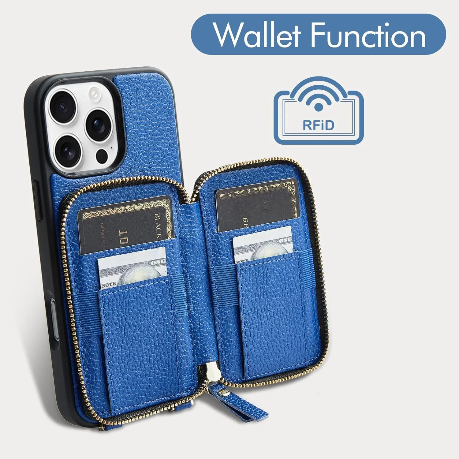 ZVE for iPhone 16 Pro Case Wallet, Card Holder Leather Phone Protective Handbag Flip Cover with Crossbody Strap for iPhone 16 Pro 6.3" Navy Blue
